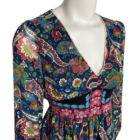 Flying‎ Tomato Blue Paisley Print Embroidered V Neck Long Sleeve Dress Sz Small - Picture 2 of 9